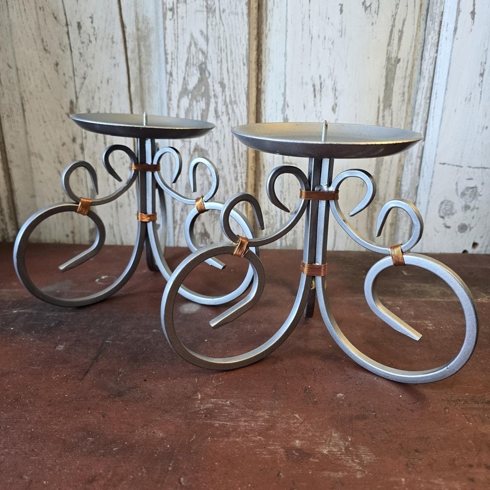 Vintage Pair Wrought Iron Scrolledβ Candleholders Copper Wire Accents
